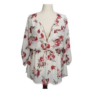 Stella Tweed Plus 2X Floral Botanical Tunic Blouse 1/4 Zip Boho Career Chic